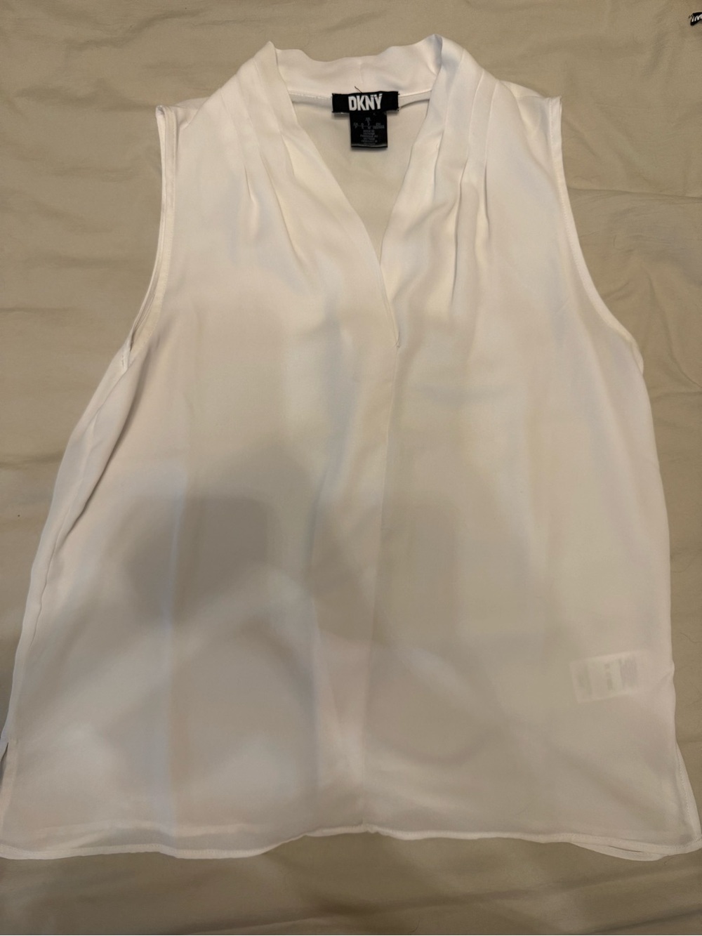 DKNY White Sleeveless V-Neck Pleated Front Blouse